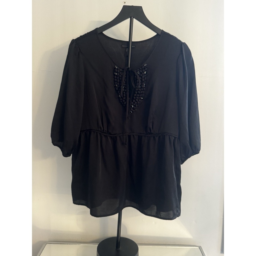 Apostrophe Black Sheer Blouse XL Embellished Tie Neck Boho‎ Flowy Top